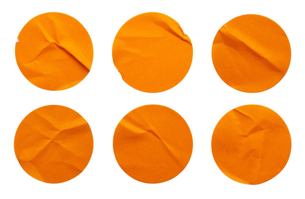 Blank orange round adhesive paper sticker label set collection isolated on white background - Photo, Image