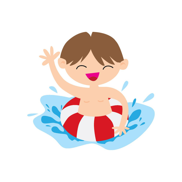 χαρούμενο χαριτωμένο παιδί με φουσκωτά πλωτήρες στην παραλία - Διάνυσμα, εικόνα