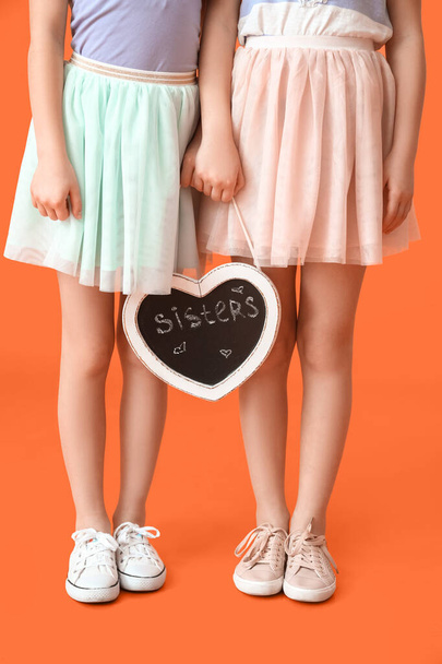Χαριτωμένο δίδυμα κορίτσια και το διοικητικό συμβούλιο με λέξη SISTERS στο φόντο χρώμα - Φωτογραφία, εικόνα