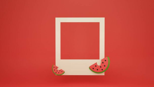 Photo frame mockup with watermelons on a red background. Template for instagram, creative photo card, interesting background. 3D render illustration  - 写真・画像