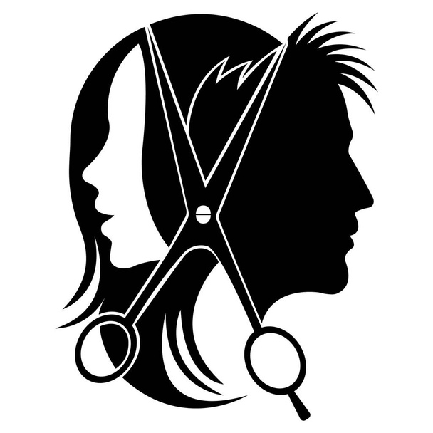 Silhouette of a woman and a man with scissors. Design suitable for tool shop logo, haircut salon, barber shop, decor, tattoo, showroom, beauty salon, t-shirt printing. Isolated vector illustration - Vetor, Imagem