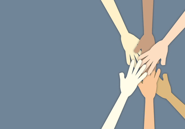 Groep van mensen stapelen handen toont eenheid en teamwork, Groep van Diverse, Hands Together Joining Concept. papier gesneden stijl. - Foto, afbeelding