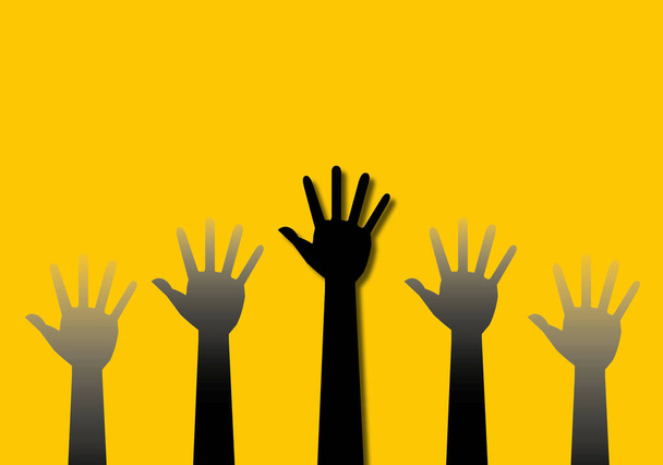 Group of people united on yellow background and unity partnership as oneness in a group, concept teamwork, Hands together, Joining concept. paper cut style. - Photo, Image