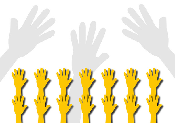 Concetto di alzare le mani per esprimere opinioni su sfondo bianco, Team Unity Concept, Together Business, Commentare, unicità, team, lavoro di squadra. mani isolate. stile di taglio carta. - Foto, immagini