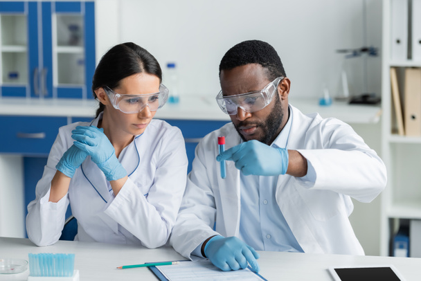 Interracial scientists in safety goggles holding test tube near clipboard and digital tablet  - Foto, Imagen