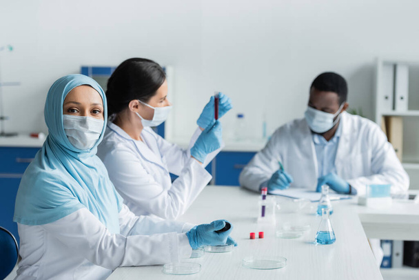 Scienziato musulmano in maschera medica che tiene pipetta vicino a capsule di Petri e colleghi offuscati in laboratorio  - Foto, immagini