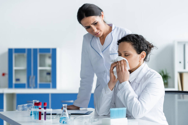 Diseased african american scientist holding napkin near nose beside colleague in lab  - Photo, Image