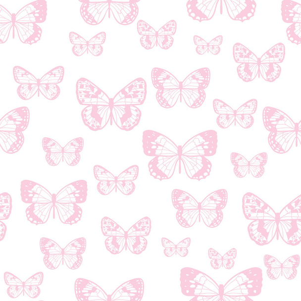 Butterfly seamless repeat pattern design, vector wallpaper, cute girly background. Pastel pink and white girly design. - Vector, Imagen