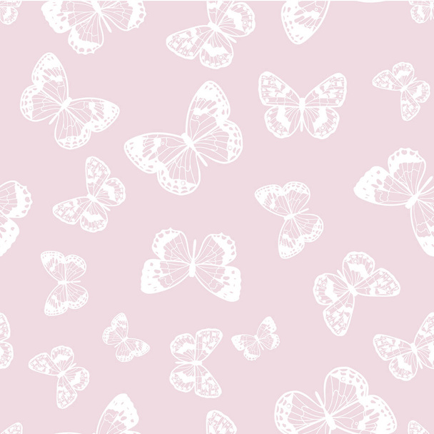 Butterfly seamless repeat pattern design, vector wallpaper, cute girly background. Pastel pink, soft feminine pattern, white butterfly silhouettes. - Vektor, kép