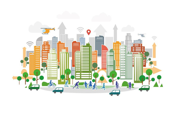 Smart City Illustration, Stadtlandschaft Skyline mit Hochhäusern, Park und spielenden Kindern - Vektor, Bild