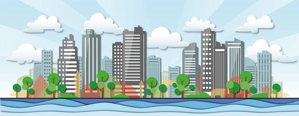 city illustration, modern skyline with skyscraper buildings, vector graphic - Vector, Image