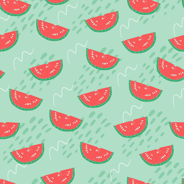 Seamless pattern with watermelon slices. Colorful summer print. Vector hand drawn illustration. Healthy vegetarian food. Decoration for gift paper, prints for clothes, textiles, wallpapers, party time - Вектор, зображення