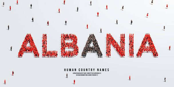 Πλήθος κόσμου στέκεται όρθιο, επινοώντας τη λέξη Αλβανία. Σημαία Αλβανίας φτιαγμένη από ανθρώπους. Εικονογράφηση διανύσματος απομονωμένη σε λευκό φόντο. - Διάνυσμα, εικόνα