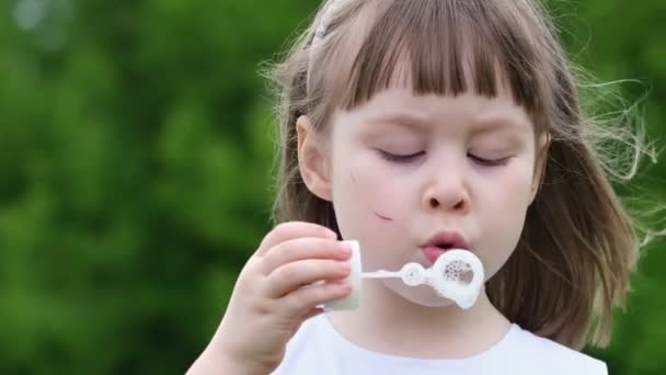 A cute little girl blowing on a dandelion in a spring park. Happy kid having fun outdoors. - Materiał filmowy, wideo