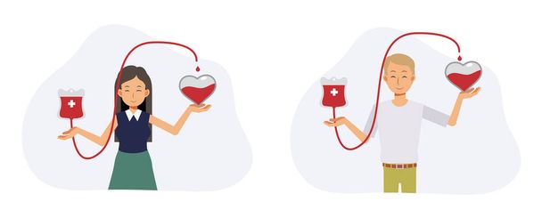 Don de sang concept.charity, Bénévole homme et femme faisant don de sang près du coeur.Illustration de personnage de dessin animé vectoriel plat. - Vecteur, image
