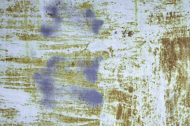 Verroeste Gouden Blauw Geschilderde Metalen Muur Gedetailleerde Fototextuur Achtergrond Rustieke Textuur - Foto, afbeelding