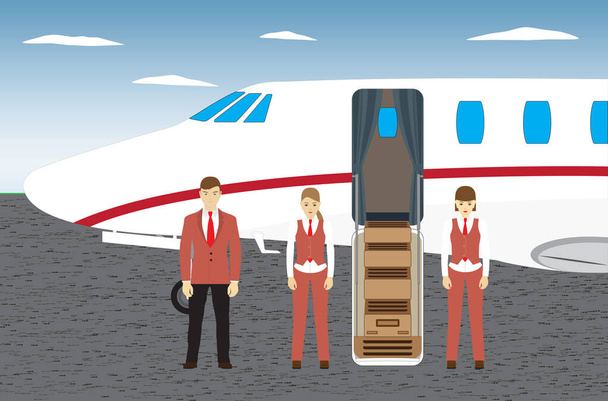 The pilot and the stewardesses are standing near the plane. Side view. - Vector, Image