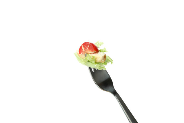 Fork with Caesar salad isolated on white background, close up - Foto, Imagem