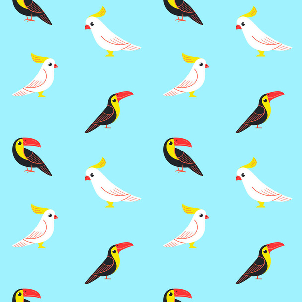 Simple trendy pattern with bird toucan and cockatoo on blue background. Cartoon bird character. - Vector, Imagen