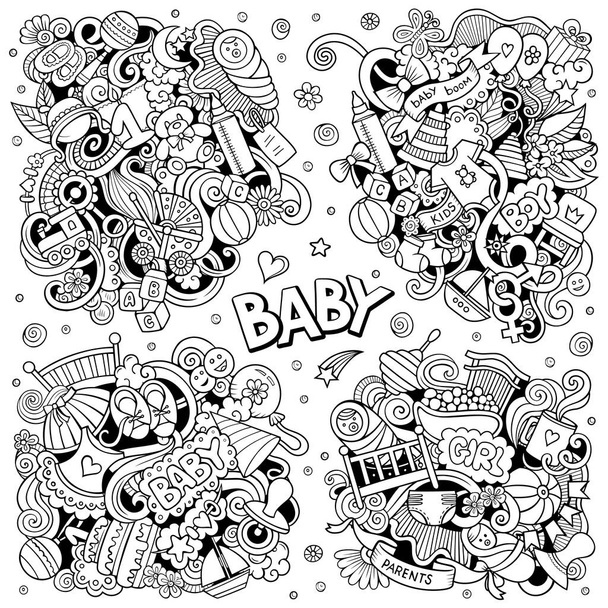 Baby Cartoon Vektor Doodle Designs Set. Linienkunst Detailkompositionen mit vielen Kinderobjekten und Symbolen. Alle Elemente sind getrennt - Vektor, Bild