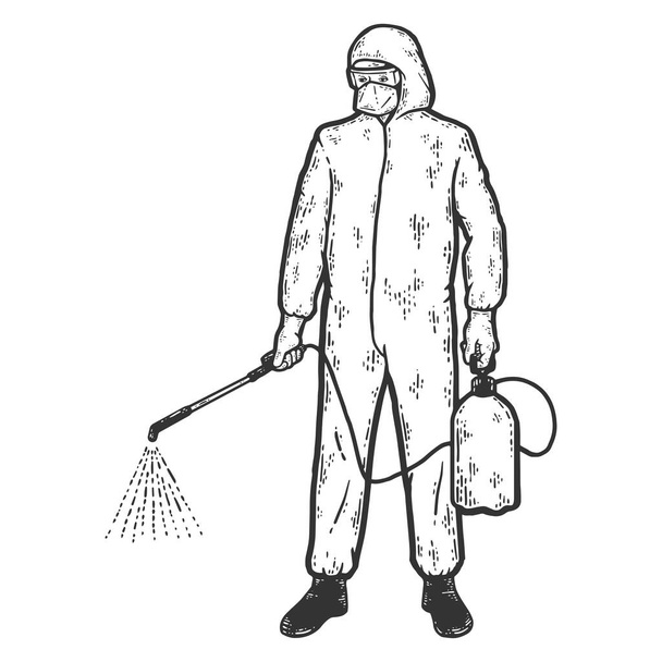 Carácter desinfectante en trajes protectores con botella de spray venenoso. Dibujo para colorear imitación tablero de rascar. - Vector, imagen