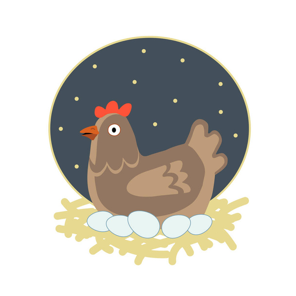 Słodka szczęśliwa kura siedząca na jajach w słomianym gnieździe w nocy. Ilustracja wektora kreskówki izolowane na białym tle. Może być stosowany w rolnictwie, biznesie ptasiej kultury, książkach dla dzieci. - Wektor, obraz