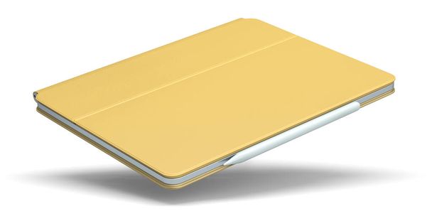 Computer tablet with gold cover case and pencil isolated on white background. - Фото, изображение