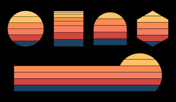 Farklı şekillerde günbatımı seti. 70 'lerin modası geçmiş günbatımı koleksiyonu. Daire, dikdörtgen, altıgen, yarım daire şeklinde beş seçenek. Renk farkı. Tişört tasarım elemanı. Vektör illüstrasyonu - Vektör, Görsel