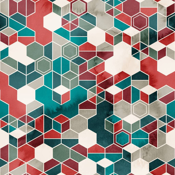 Seamless pattern of hexagons in random colors in watercolor - Photo, Image