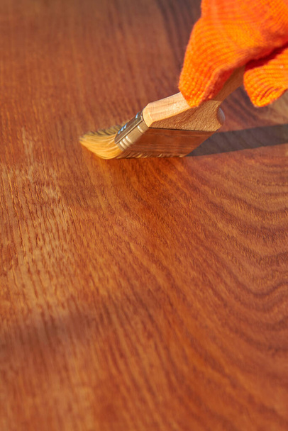 Peinture d'une surface en bois avec vernis, main dans le gant avec pinceau sur une planche de chêne, travaux ménagers, espace de copie. - Photo, image