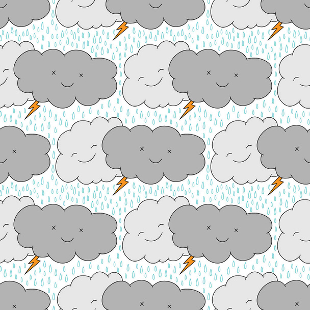 Seamless pattern with funny rainy clouds. Kawaii childish background. Pajamas fabric design - Vector, Imagen