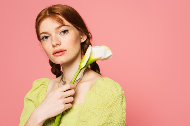 Freckled woman with calla lily looking at camera isolated on pink  - Fotografie, Obrázek