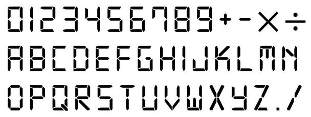 Set van digitale klok of rekenmachine Engels alfabet teksten a tot z en nummers geïsoleerd op witte achtergrond. Typografie pixel lettertype  - Foto, afbeelding