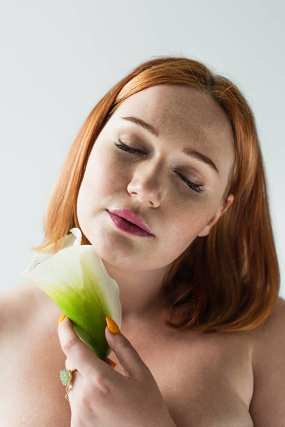Συν μέγεθος γυναίκα με γυμνούς ώμους και κλειστά μάτια κρατώντας λουλούδι απομονωμένο σε γκρι  - Φωτογραφία, εικόνα