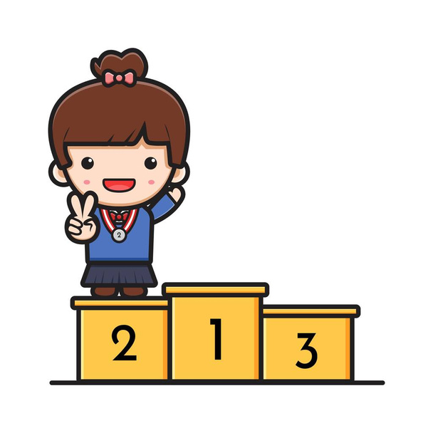 Cute girl student standing on podium rank two cartoon icon vector illustration. Design isolated on white flat cartoon style. - Vector, imagen