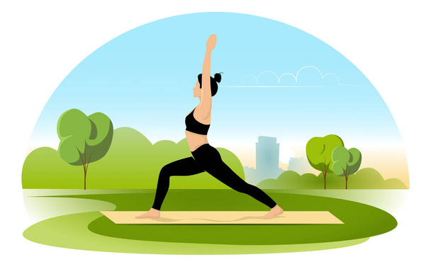 Een vrouw die yoga doet over de natuur. Ontspan buiten, zorg fitness en een gezonde levensstijl. Platte vectorillustratie - Vector, afbeelding
