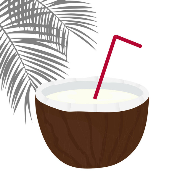Half coconut with milk with red straw and palm leaf - Vector, Image