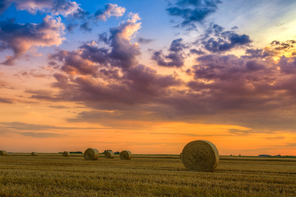 Auringonlasku maatilan pellolla heinänteko paalit - Valokuva, kuva