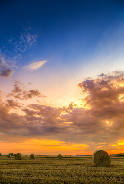 Zonsondergang boven het boerenveld met hooibalen - Foto, afbeelding