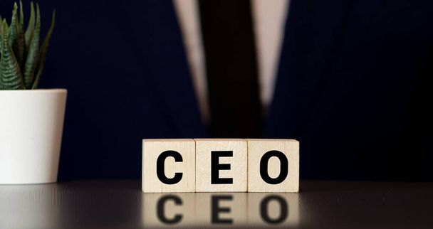 CEO - szó fa blokkok betűkkel, vezérigazgató vezérigazgató koncepció, szürke háttér - Fotó, kép