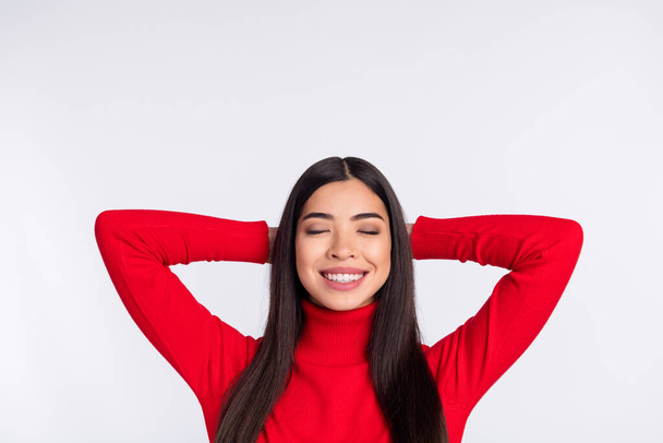 Photo of pretty optimistic brown long hairdo adult hands head wear red sweater isolated on grey color background - Φωτογραφία, εικόνα