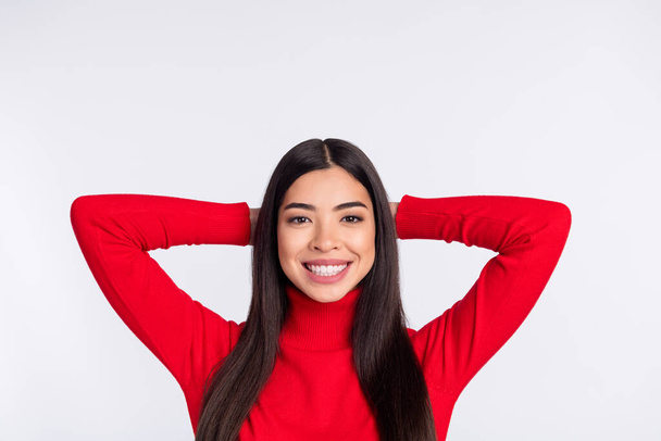 Photo of cool positive brown long hairdo lady hands head wear red sweater isolated on grey color background - Photo, image