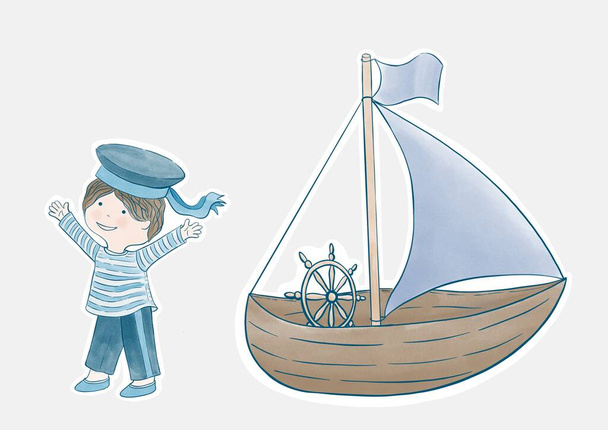 Un conjunto de ilustraciones infantiles simples sobre el tema marino un marinero con un barco azul y marrón - Foto, imagen