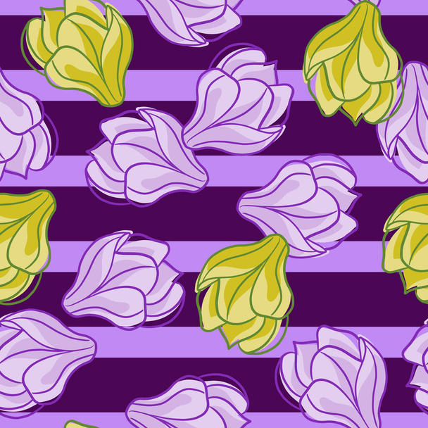 Willekeurige contouren magnolia bloemen elementen naadloos patroon. Paars gestreepte achtergrond. Eenvoudige stijl. Vlakke vectorprint voor textiel, stof, cadeaupapier, wallpapers. Eindeloze illustratie. - Vector, afbeelding