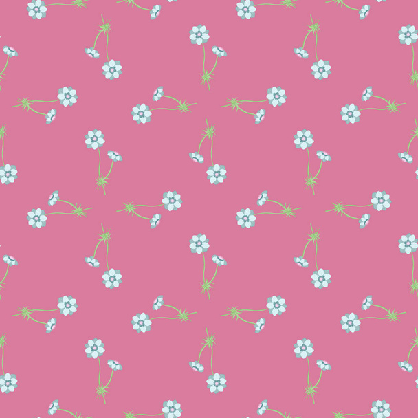 Ditsy seamless pattern with little blue anemone flowers ornament. Pink background. Summer style. Stock illustration. Vector design for textile, fabric, giftwrap, wallpapers. - Vector, Image