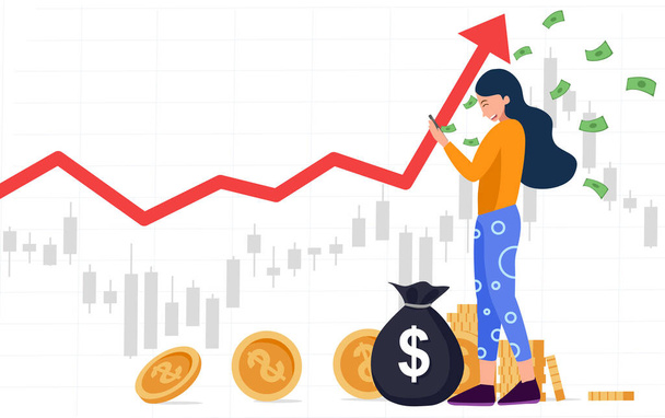 Women trading stocks market on smartphone get profits,Candlestick graph buy and sell sign, young girl  investing concepts,internet earning cash study, winning plenty of money, vector illustration  - Vector, Image