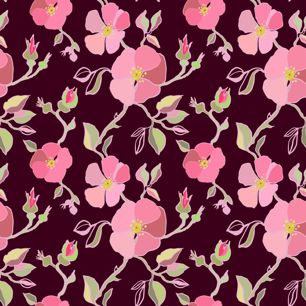 Watercolor sakura and thorns pattern. Seamless natural texture with pink blossom cherry tree branches. Hand drawn japanese flowers on dark black background. Floral vector illustration - Vektör, Görsel
