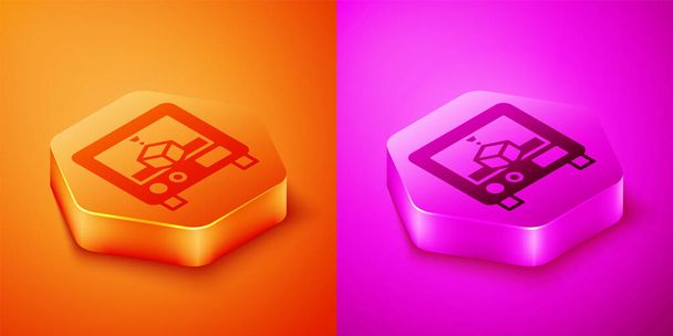 オレンジとピンクの背景に隔離された等角3Dプリンターのアイコン。3Dプリント。六角形のボタン。ベクトル. - ベクター画像