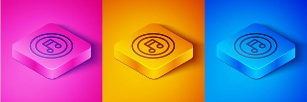 Isometric line Music note, tone icon isolated on pink and orange, blue background. Square button. Vector. - Vector, Image