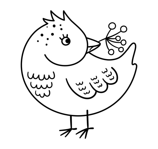 Aranyos fekete-fehér madár bogyóággal a csőrében. Vektor vázlat őszi karakter elszigetelt fehér háttér. Őszi szezon vonal erdei állat ikon. Vicces erdei illusztráció - Vektor, kép